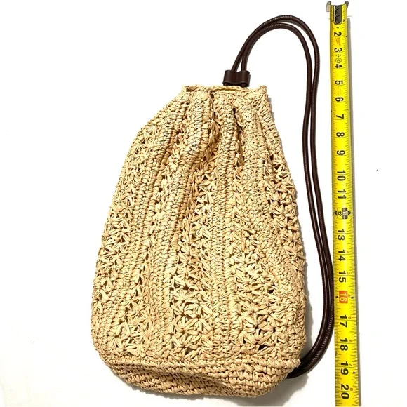 Zara Woven Raffia Straw Drawstring Backpack Tote Bag Neutral - Picture 14 of 15